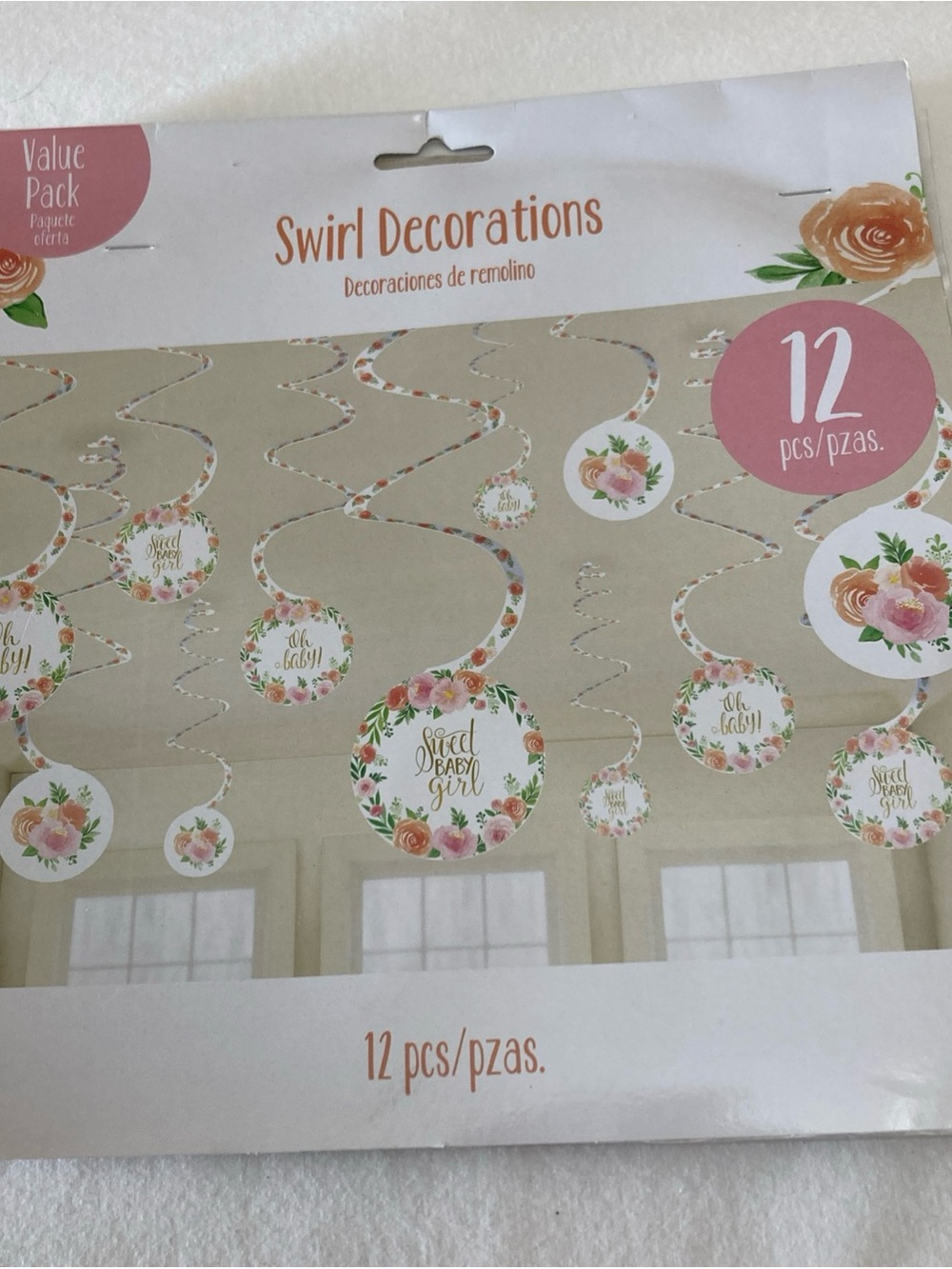 Swirl Decorations - Pink Floral "Sweet Baby Girl" Hanging Party Swirls (12 pcs)